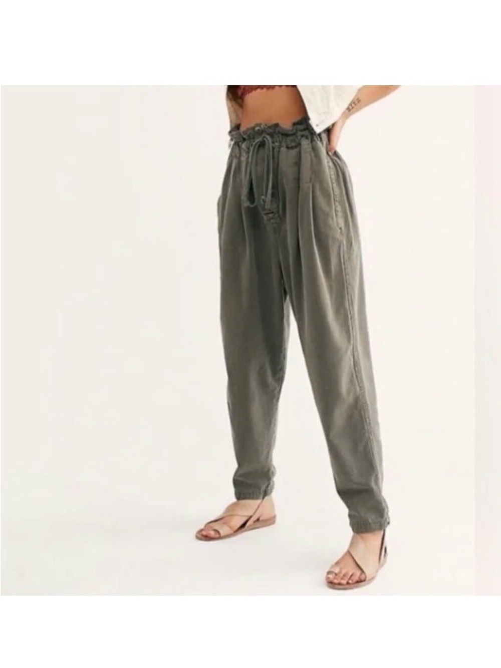 Free People Olive Green Paperbag Waist Straight Leg Pants